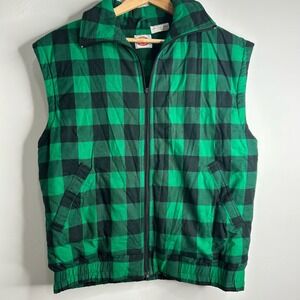 Dickies Men's Buffalo Plaid Quilted Vest Green Black Full Zip Puffer Padded L